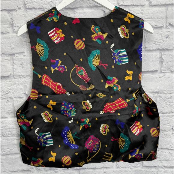 Vintage Diane Von Furstenberg Silky Vest Size M Black Crown Fan Victorian - Picture 6 of 6